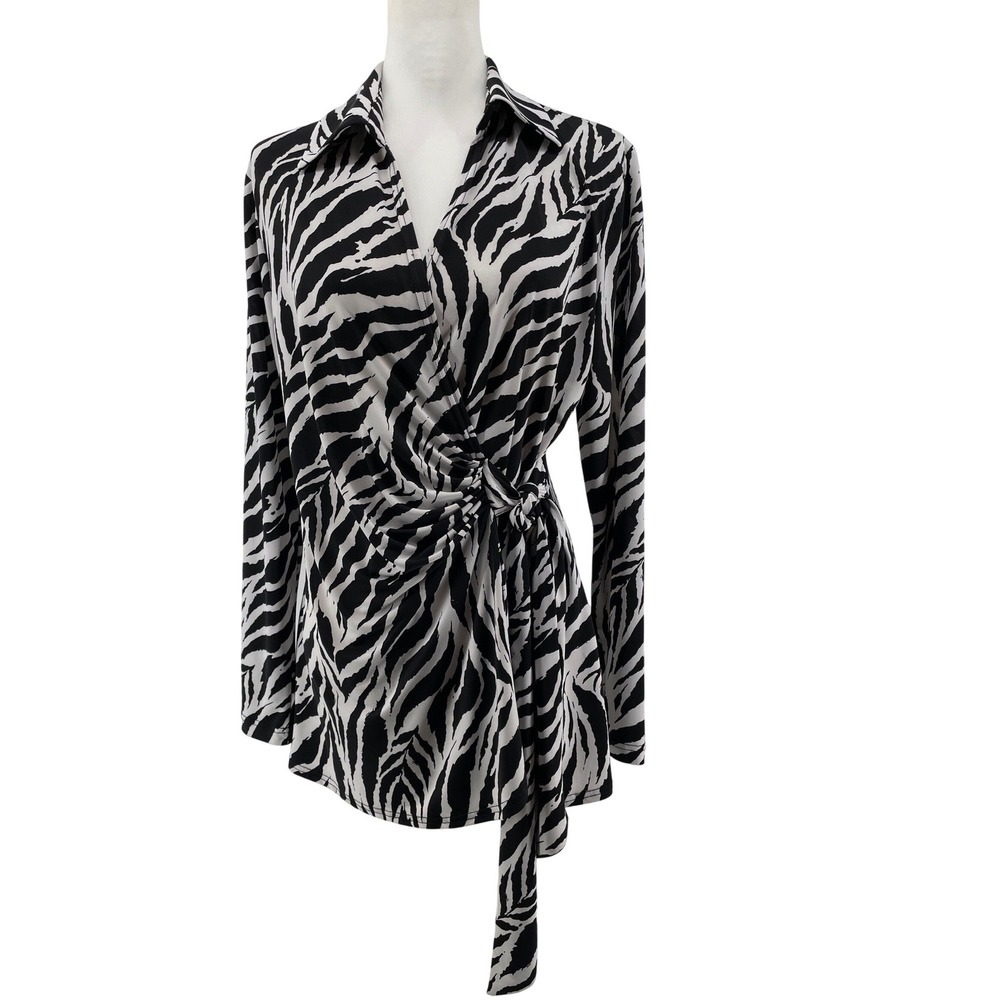 Zebra Wrap Tunic Womens Medium Black White Retro Collar 80s Animal Print Party